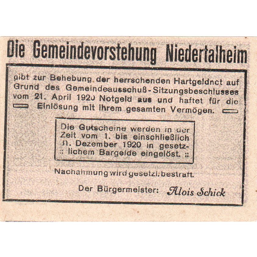 Autriche, Niedertalheim, 20 Heller, village, 1920, 1920-12-31, SPL, Mehl:FS 672b