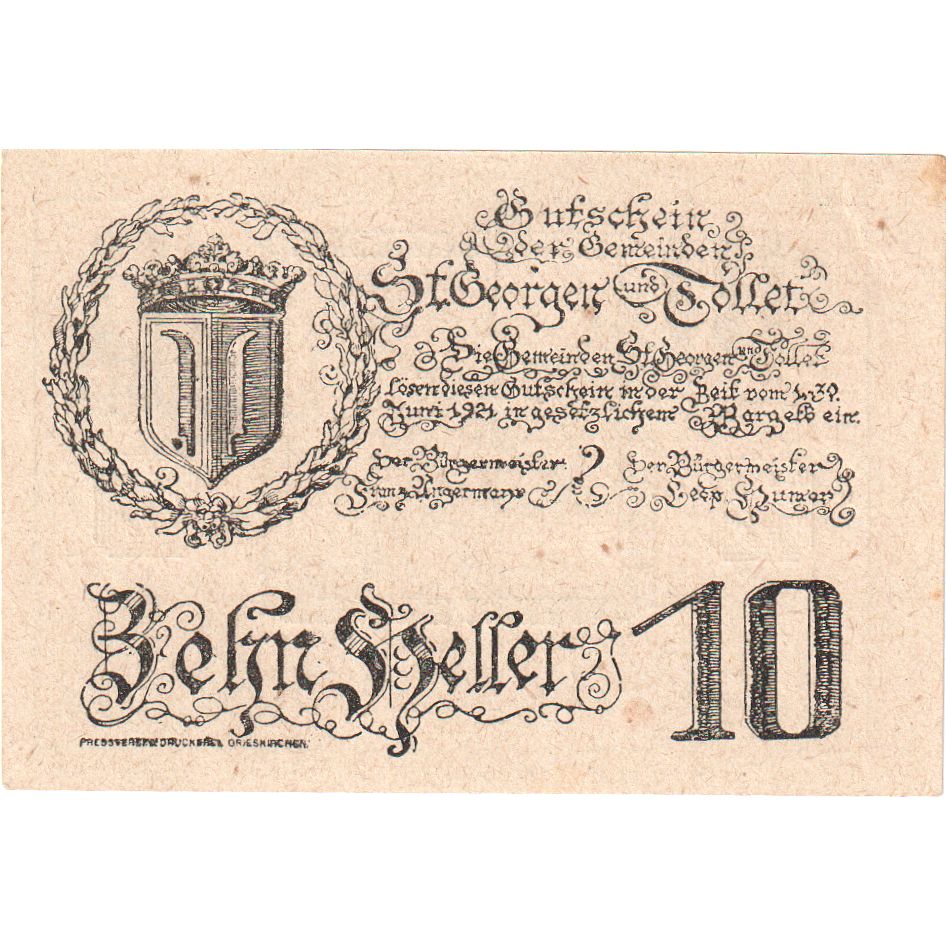 Oostenrijk, St Georgen, 10 Heller, Blason, 1921, 1921-06-30, SPL, Mehl:FS 890