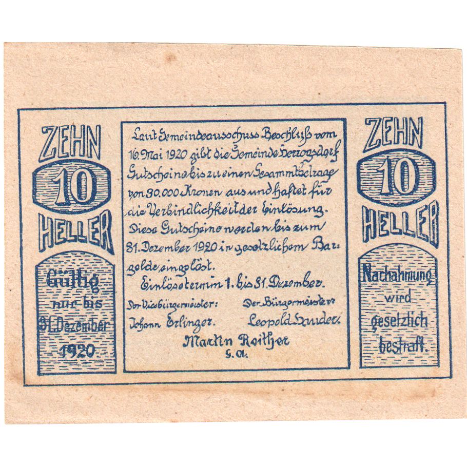 Autriche, Roitham, 10 Heller, Eglise, 1920, 1920-12-31, SPL, Mehl:FS 843a