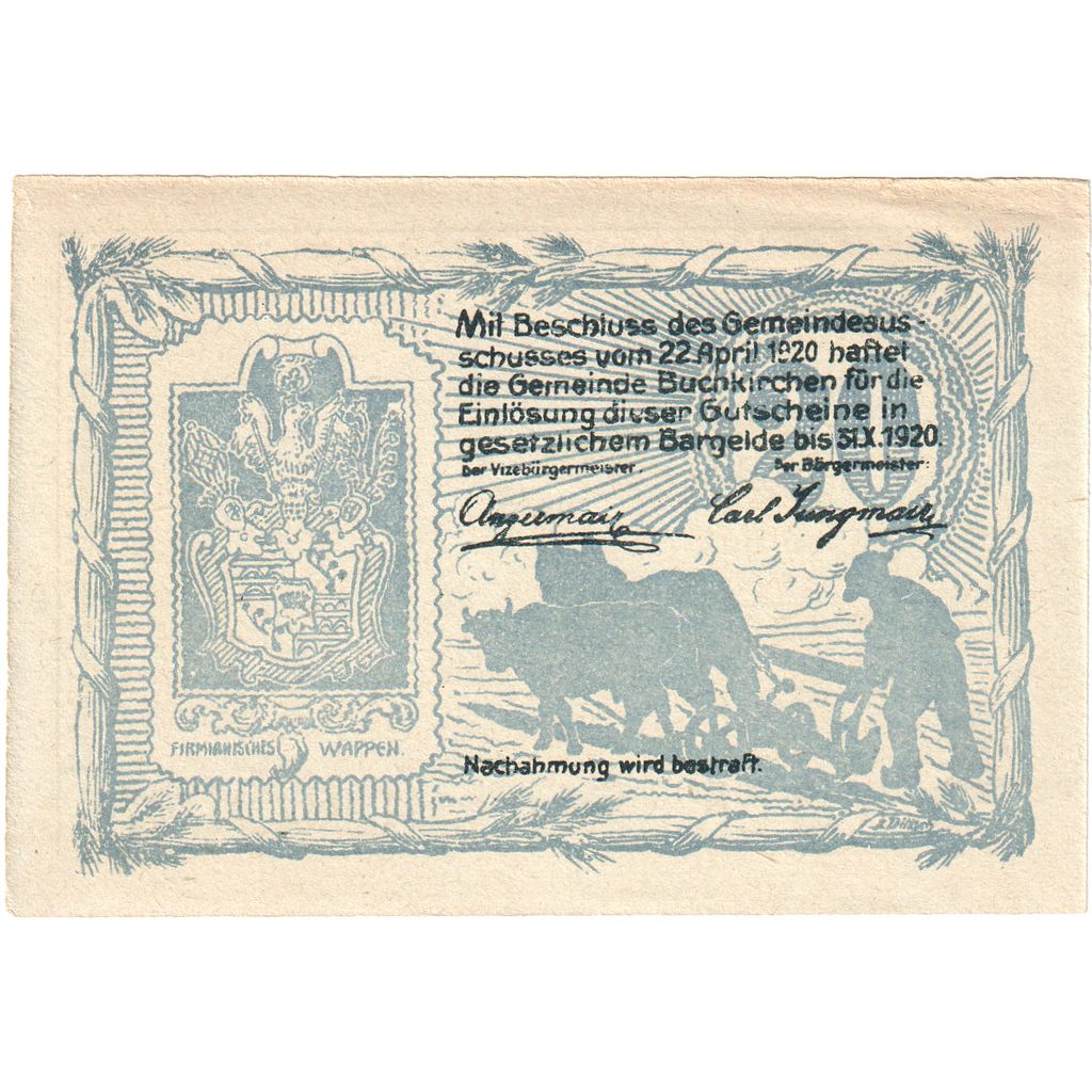Autriche, Buchkirchen, 20 Heller, Eglise, 1920, 1920-10-31, SPL, Mehl:FS 114a