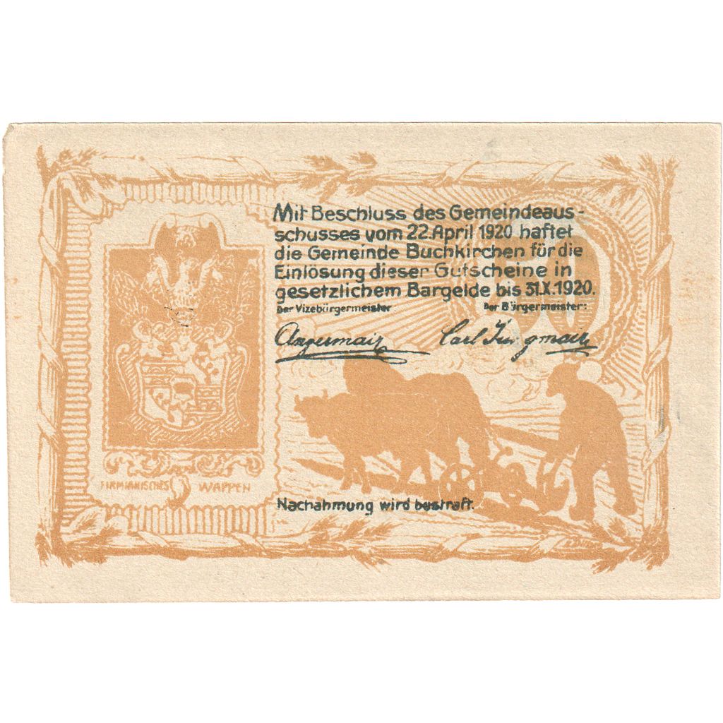 Oostenrijk, Buchkirchen, 50 Heller, église 2, 1920-10-31, SPL, Mehl:FS 114a