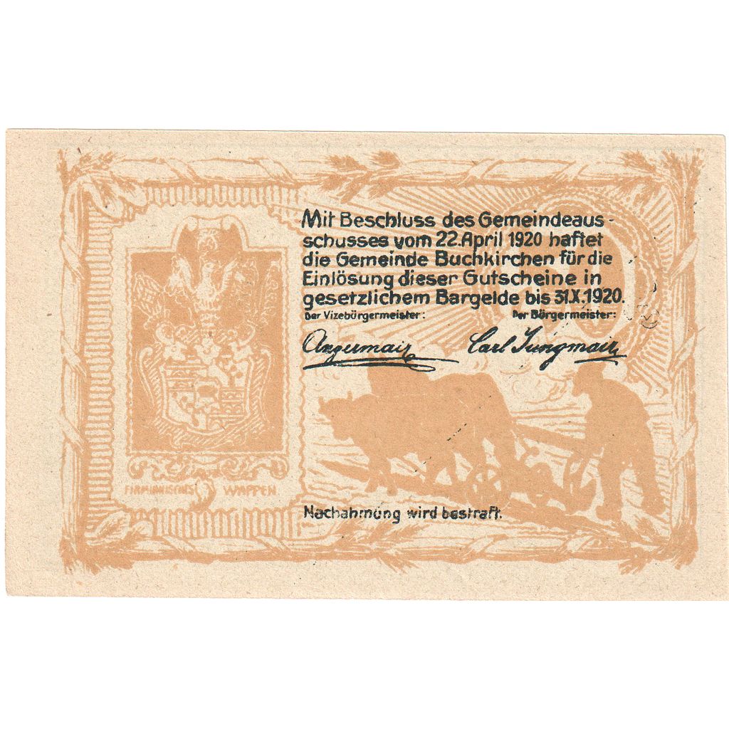 Autriche, Buchkirchen, 50 Heller, église 3, 1920, 1920-10-31, SPL, Mehl:FS 114a