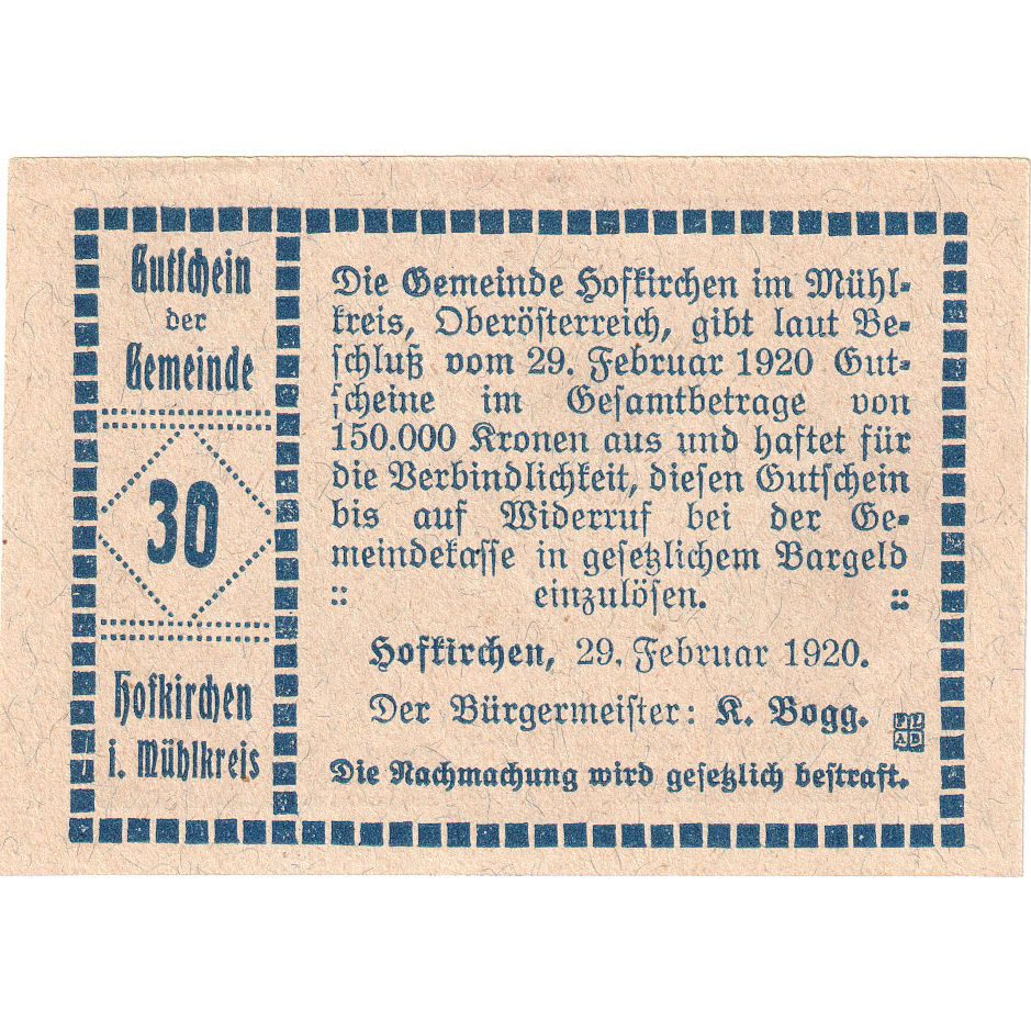 Autriche, Hofkirchen, 30 Heller, château, 1920, SPL, Mehl:FS 386Ib1