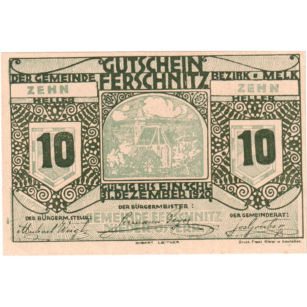 Österreich, Ferschnitz, 10 Heller, Eglise, 1920, 1920-12-31, UNZ-, Mehl:FS 198a