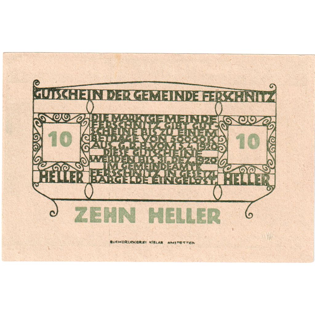 Österreich, Ferschnitz, 10 Heller, Eglise, 1920, 1920-12-31, UNZ-, Mehl:FS 198a