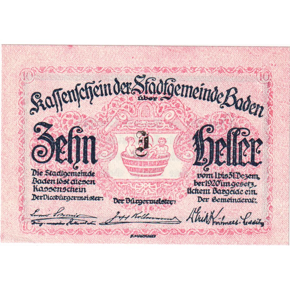 Austria, Baden, 10 Heller, personnage, 1920, 1920-12-31, UNC(63), Mehl:FS 74a