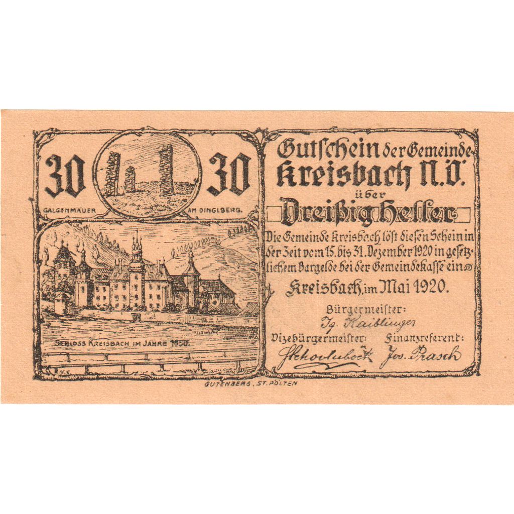 Autriche, Kreisbach, 30 Heller, château, 1920, 1920-12-31, SPL, Mehl:FS 1235a