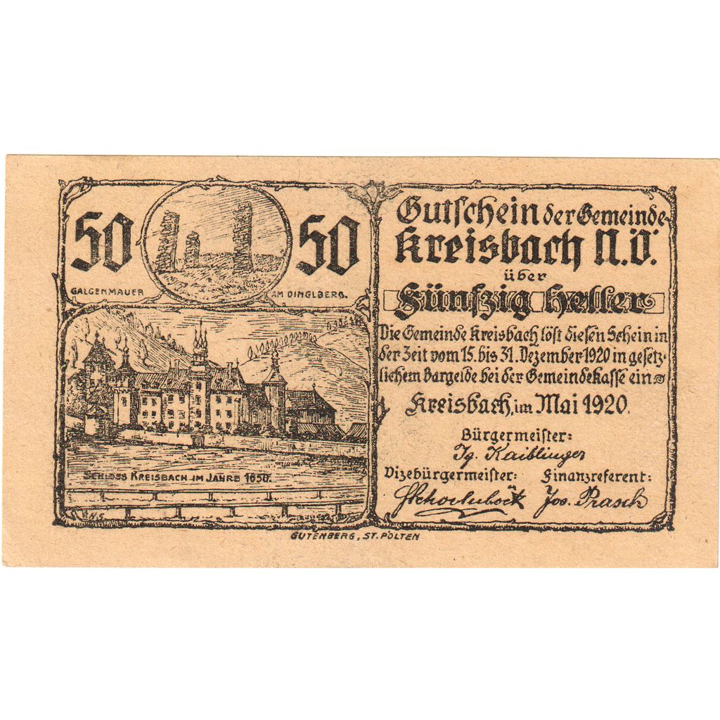 Autriche, Kreisbach, 50 Heller, château, 1920, 1920-12-31, SPL, Mehl:FS 1235a