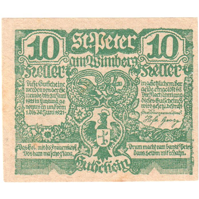 Autriche, St Peter, 10 Heller, Blason, 1921, 1921-06-30, SPL, Mehl:FS 926