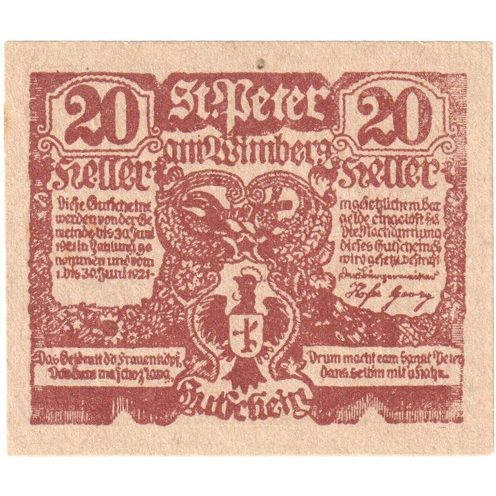 Autriche, St Peter, 20 Heller, Blason, 1921, 1921-06-30, SPL, Mehl:FS 926