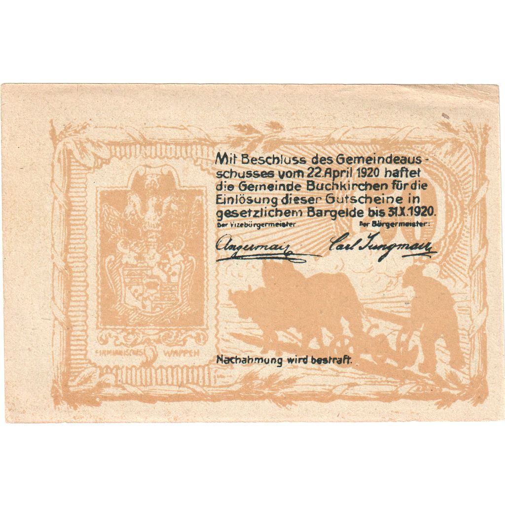 Autriche, Buchkirchen, 50 Heller, presbytère 1920-10-31, SPL, Mehl:FS 114a