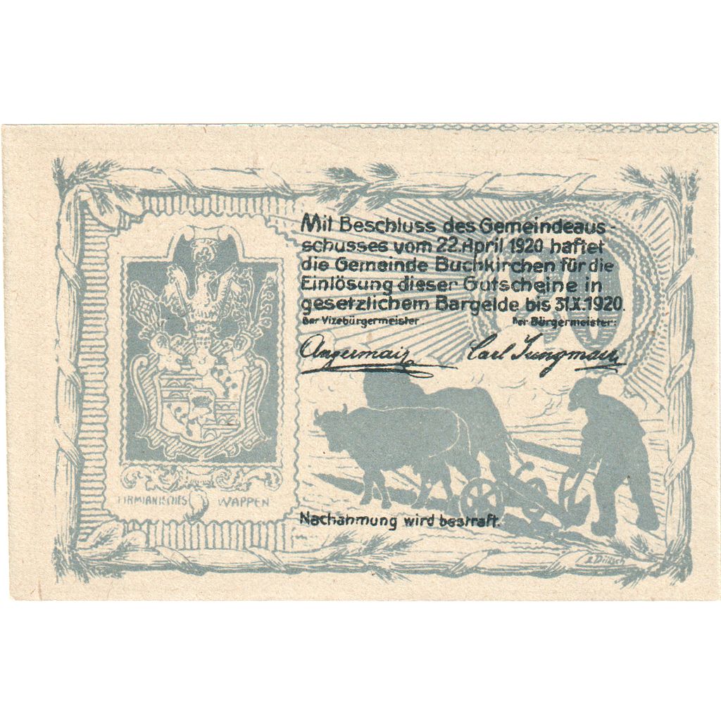 Autriche, Buchkirchen, 20 Heller, presbytère 1920-10-31, SPL, Mehl:FS 114a