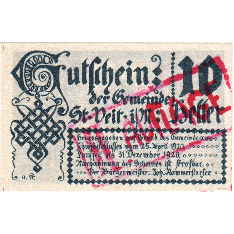 Autriche, St Veit, 10 Heller, château, 1920, 1920-12-31, SPL, Mehl:FS 944a
