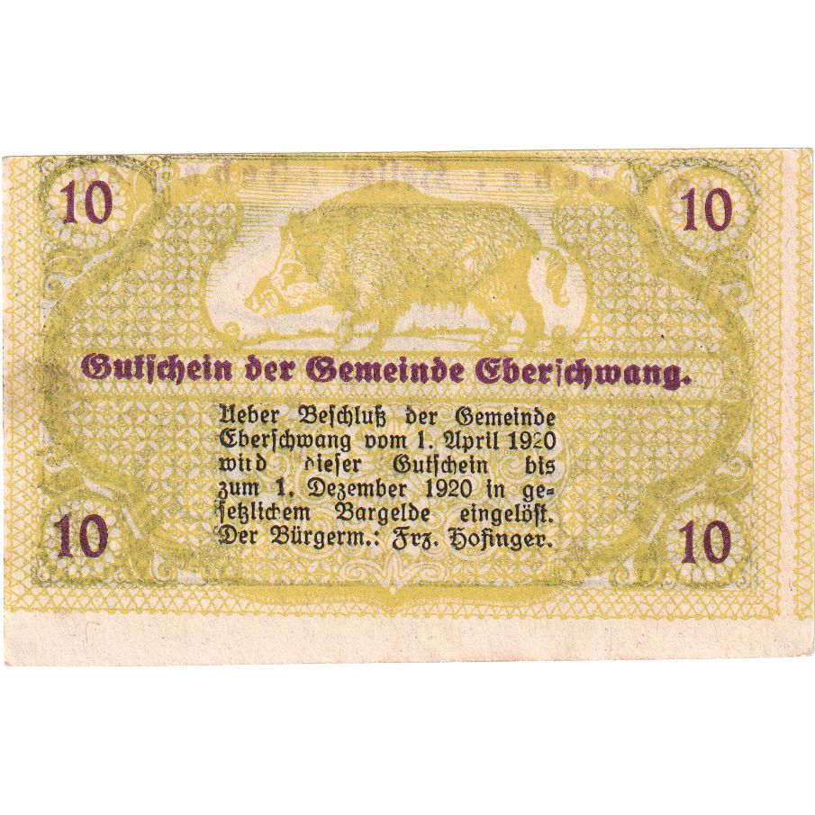 Autriche, Eberschwang, 10 Heller, sanglier, 1920, 1920-12-01, SPL, Mehl:FS 145a