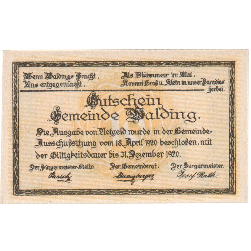 Autriche, Walding, 10 Heller, village, 1920, 1920-12-31, SPL, Mehl:FS 1132a
