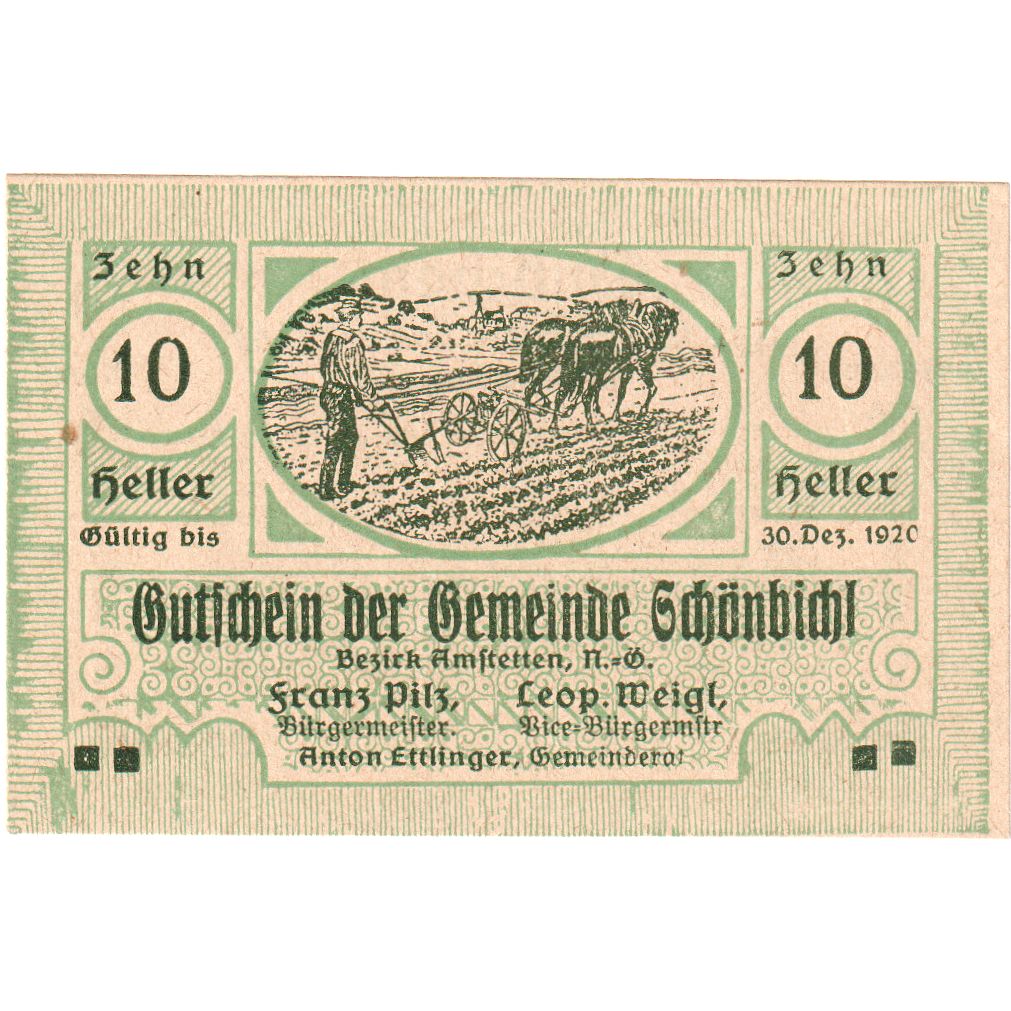 Autriche, Schonbichl, 10 Heller, champs, 1920, 1920-12-30, SPL, Mehl:FS 969Ib