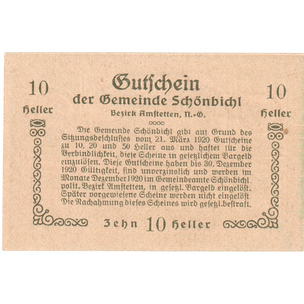 Autriche, Schonbichl, 10 Heller, champs, 1920, 1920-12-30, SPL, Mehl:FS 969Ib