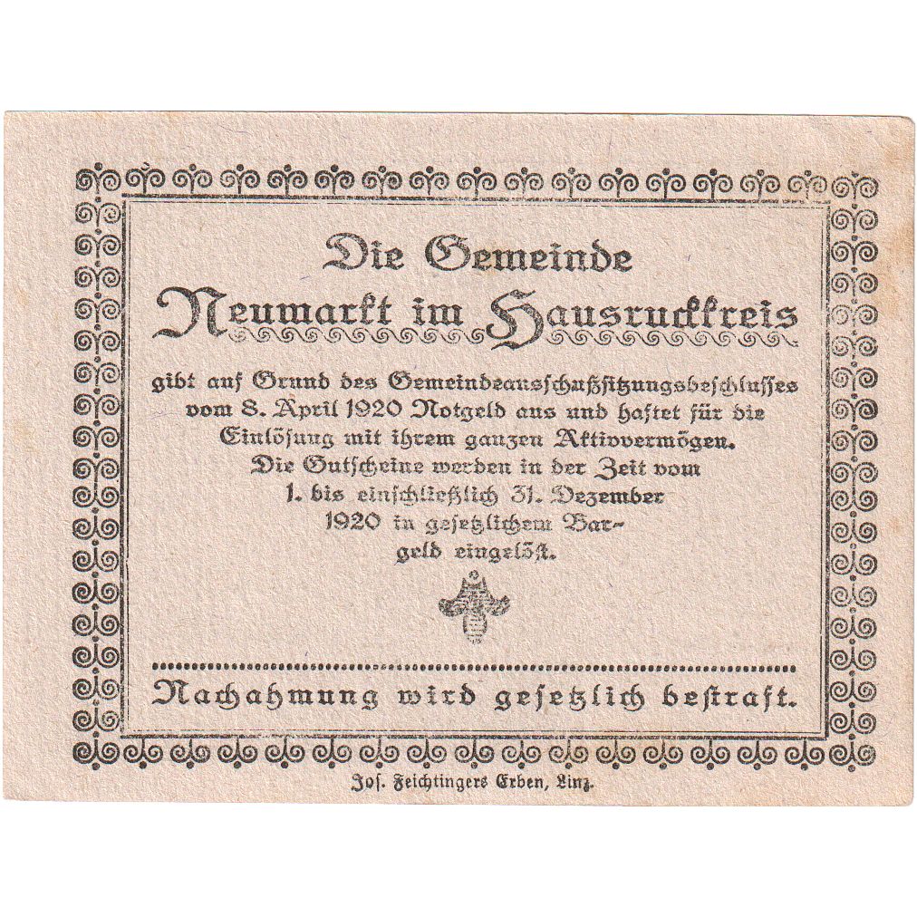 Oostenrijk, Neumarkt, 20 Heller, personnage, 1920, 1920-12-31, SPL, Mehl:FS 662a