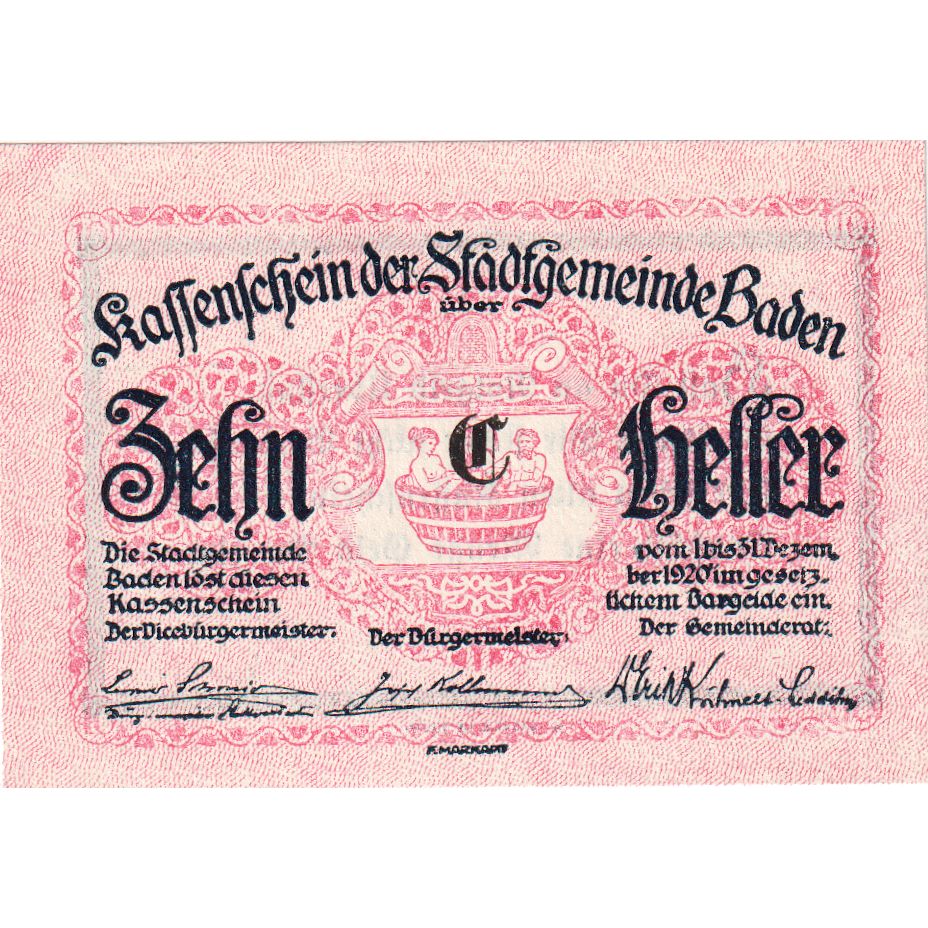 Autriche, Baden, 10 Heller, Texte, 1920, 1920-12-31, SPL, Mehl:FS 74a