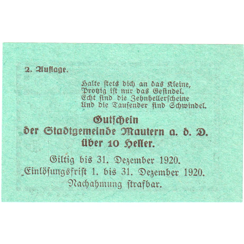 Oostenrijk, Mautern, 10 Heller, pont, 1920, 1920-12-31, SPL, Mehl:FS 600IAF
