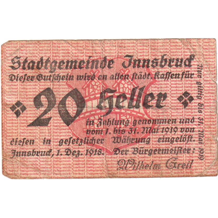 Autriche, Innsbruck, 20 Heller, Texte, 1919, 1919-05-31, SPL, Mehl:FS 409a