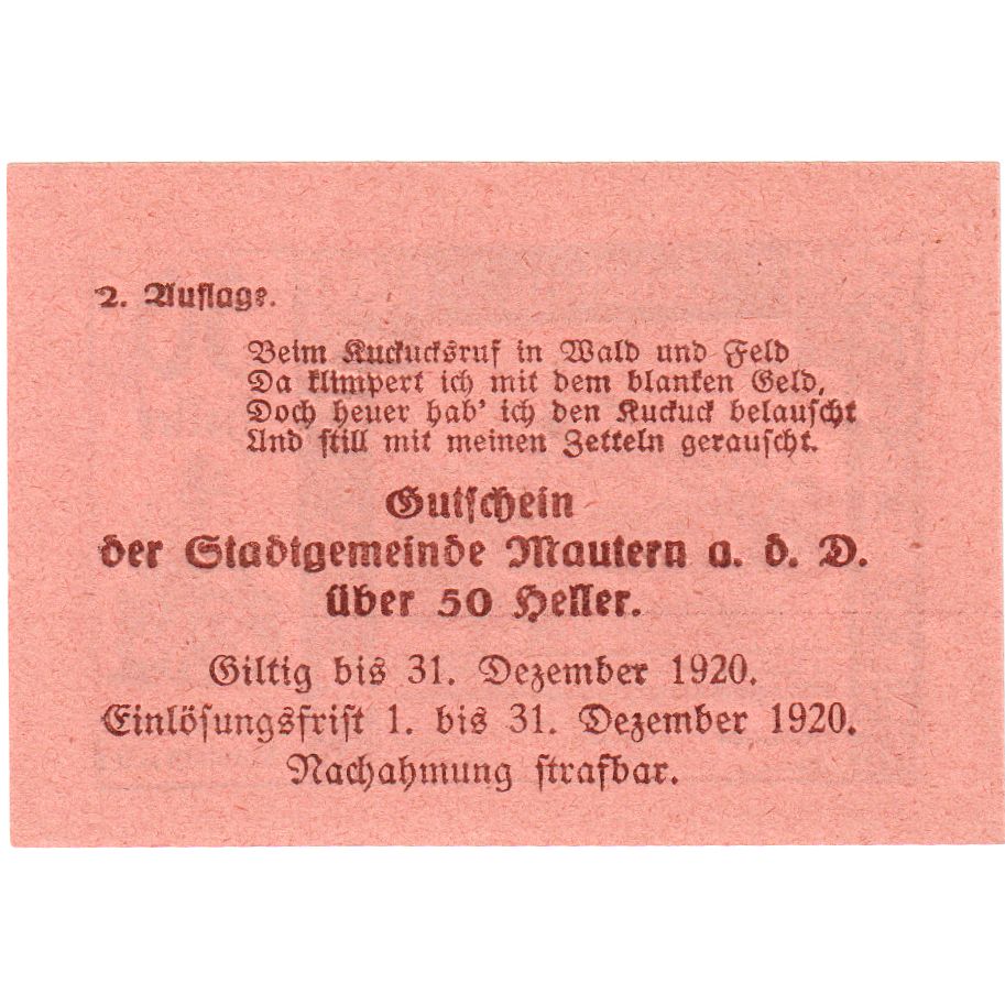 Österreich, Mautern, 50 Heller, village, 1920, 1920-12-31, UNZ-, Mehl:FS 600IAF