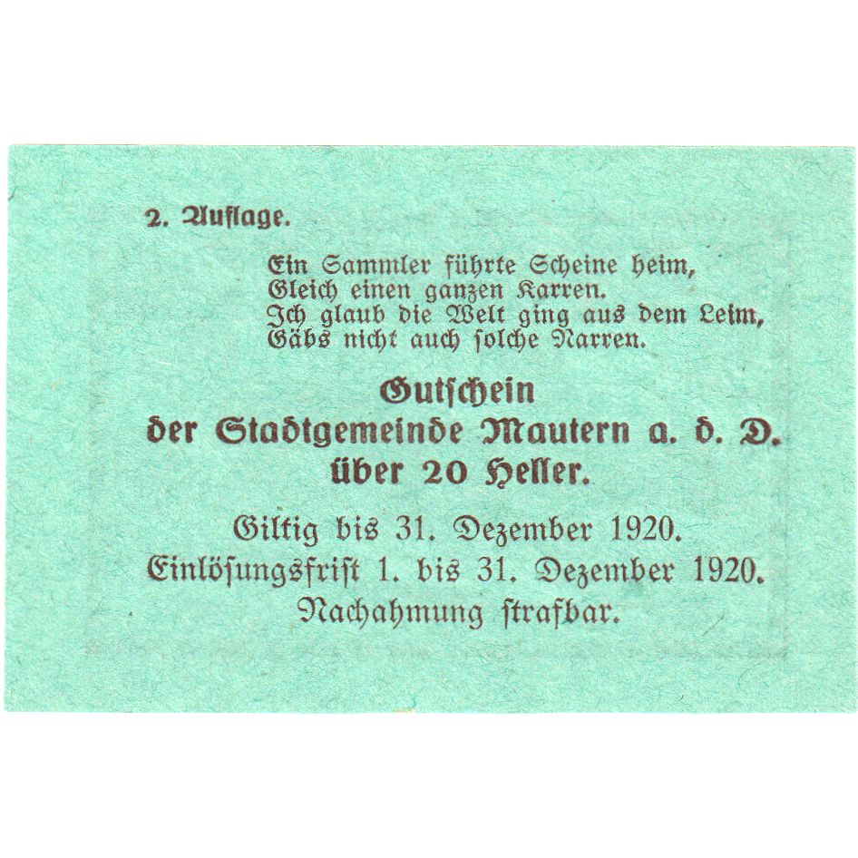 Oostenrijk, Mautern, 20 Heller, pont, 1920, 1920-12-31, SPL, Mehl:FS 600IAF