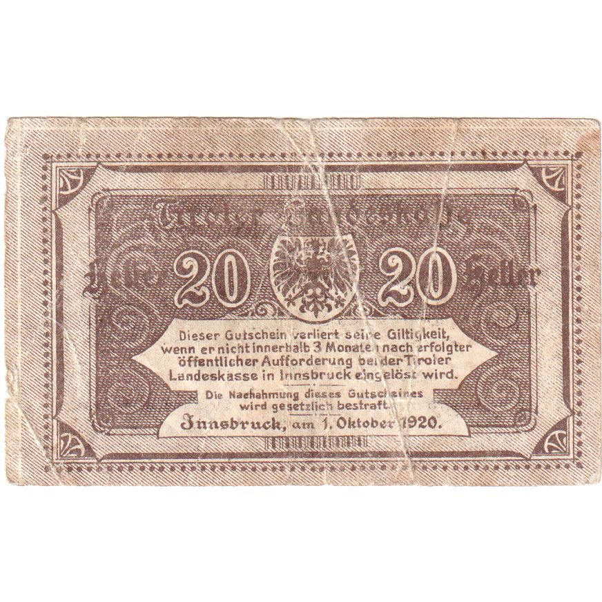 Österreich, Innsbruck, 20 Heller, Blason, 1919, 1919-05-31, UNZ-, Mehl:FS 409a