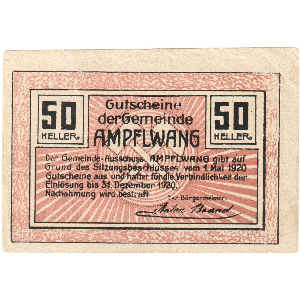 Autriche, Ampflwang, 50 Heller, village, 1920, 1920-12-31, SUP+, Mehl:FS 36a