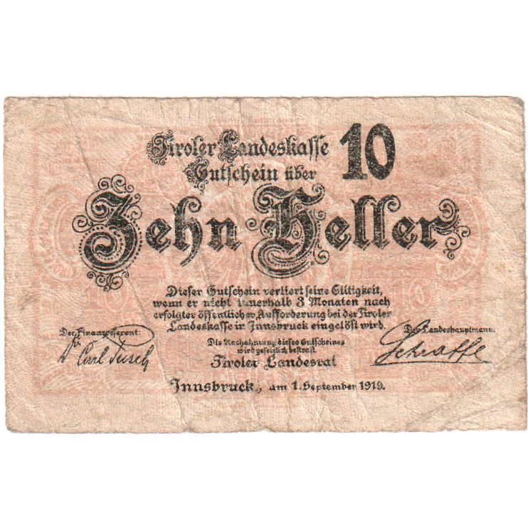 Autriche, Innsbruck, 10 Heller, Texte, 1919, 1919-05-31, SPL, Mehl:FS 409a