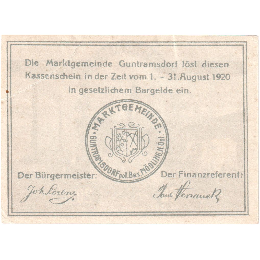 Oostenrijk, Guntramsdorf, 20 Heller, Usine, 1920, 1920-08-31, TTB, Mehl:FS 310a