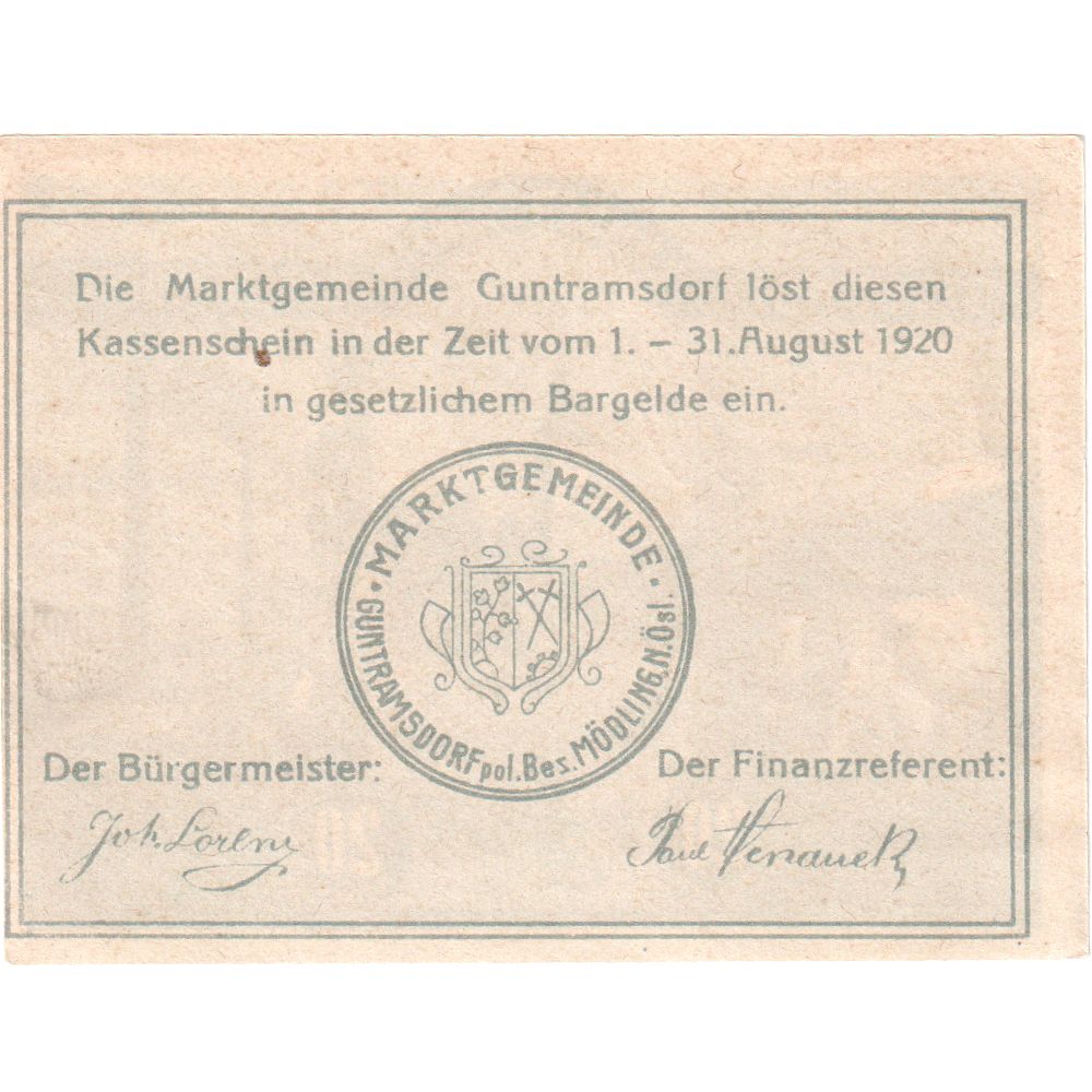 Autriche, Gunstramsdorf, 20 Heller, vache, 1920, 1920-08-31, SPL, Mehl:FS 310a