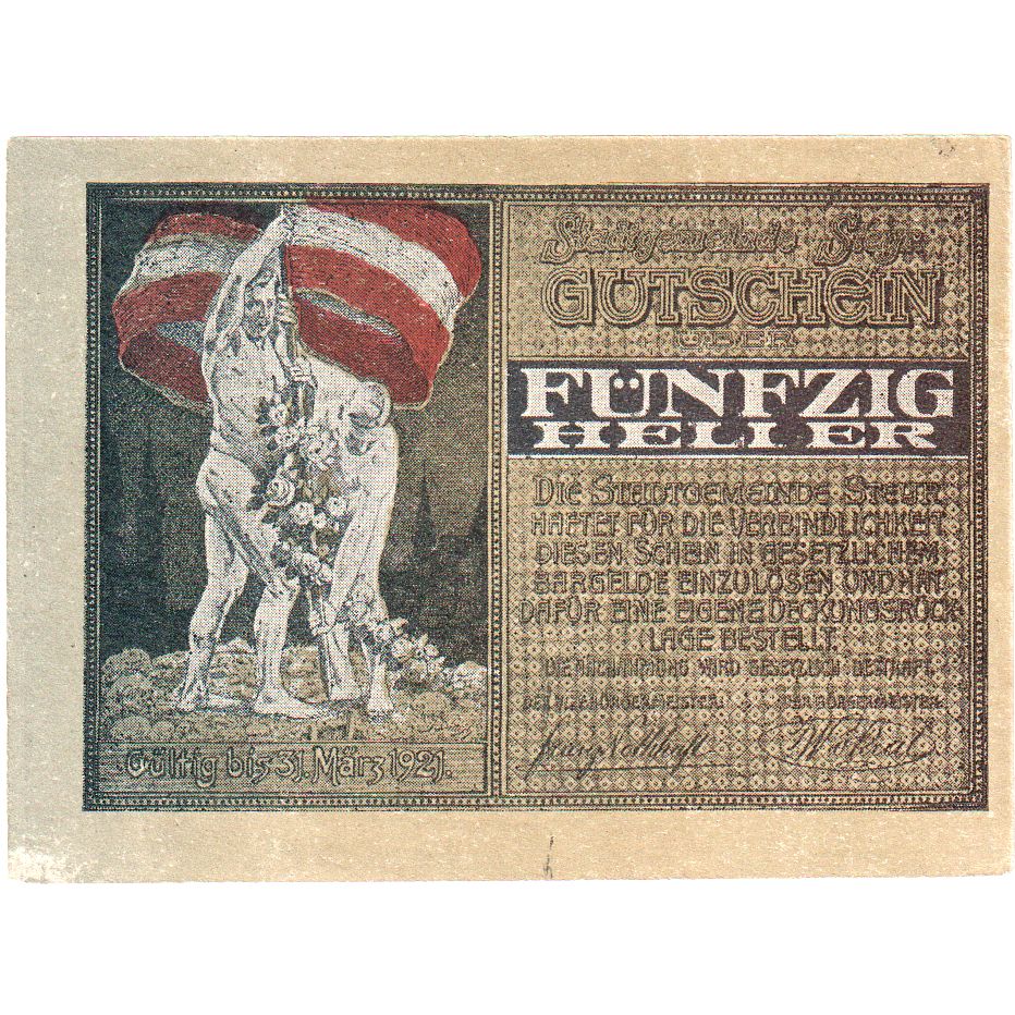 Autriche, Steyr, 50 Heller, Blason, 1921, 1921-03-31, SPL, Mehl:FS 1034IIb