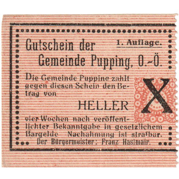 Autriche, Pupping, 10 Heller, Texte, 1920, SPL, Mehl:FS 792I