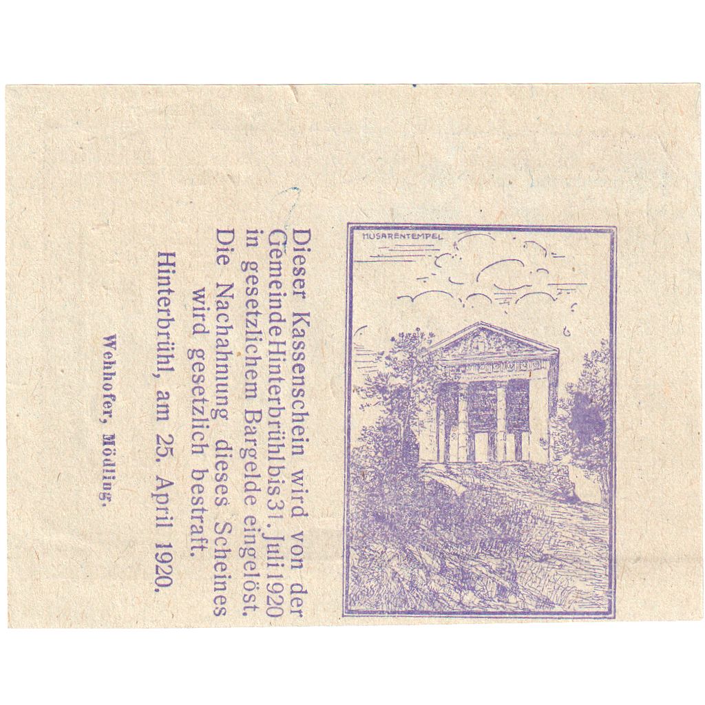 Österreich, Hinterbrühl, 50 Heller, Monument 1920-07-31, UNZ-, Mehl:FS 376Ia