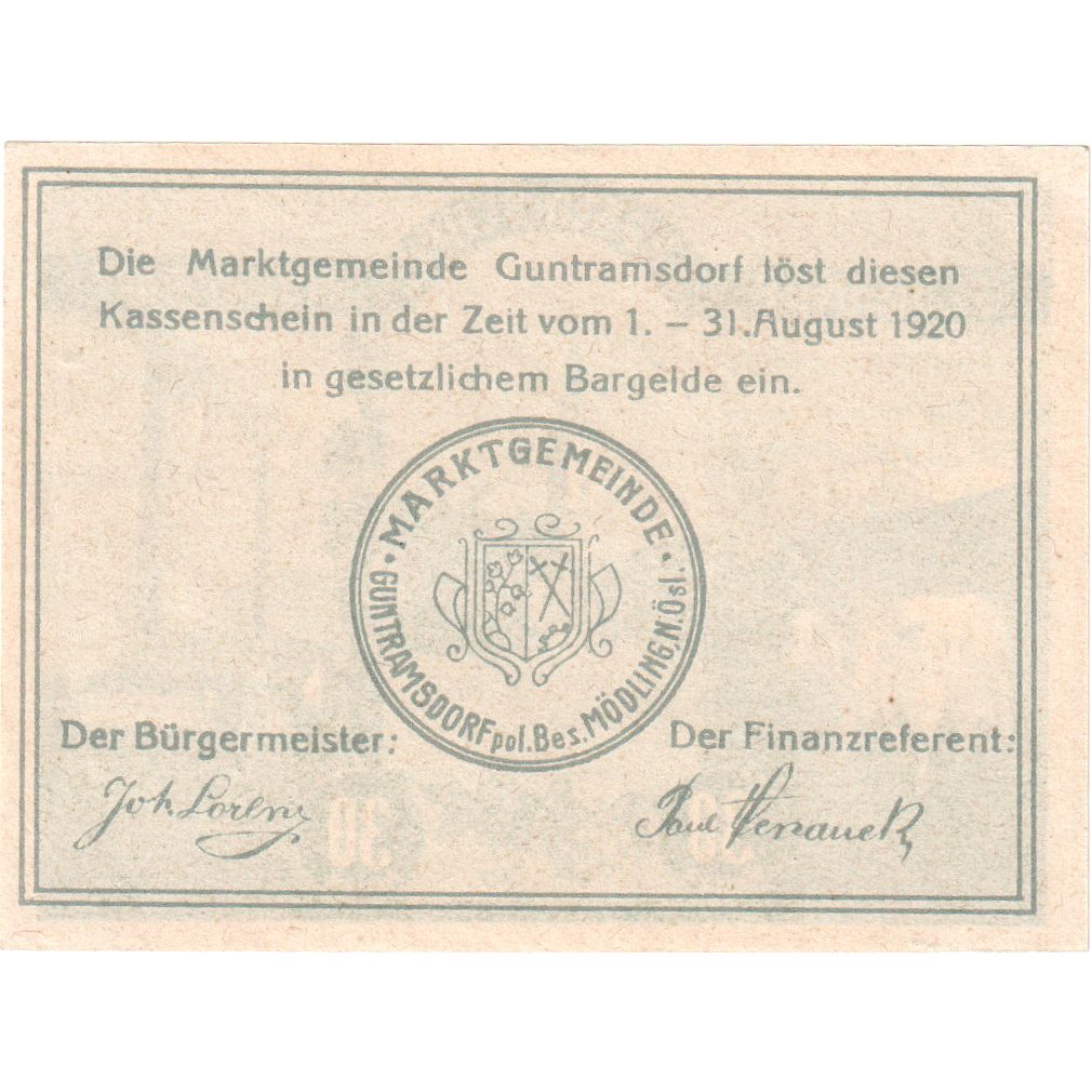 Oostenrijk, Guntramsdorf, 30 Heller, village 1920-08-31, SPL, Mehl:FS 310a