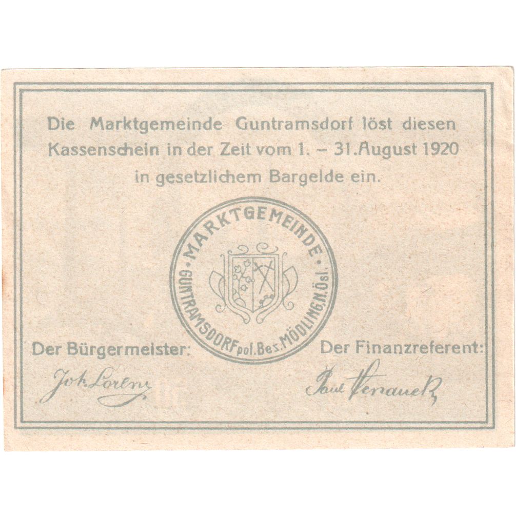 Autriche, Guntramsdorf, 50 Heller, Blason, 1920, 1920-08-31, SPL, Mehl:FS 310a