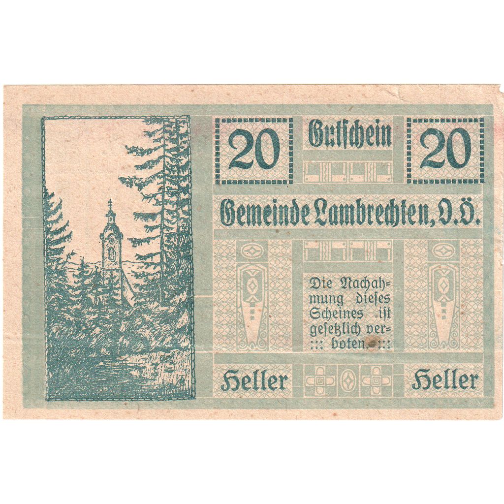 Autriche, Lambrechten, 20 Heller, Eglise, 1920, 1920-12-31, SUP, Mehl:FS 497a