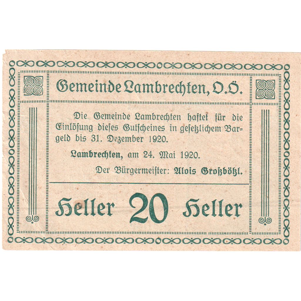 Autriche, Lambrechten, 20 Heller, Eglise, 1920, 1920-12-31, SUP, Mehl:FS 497a