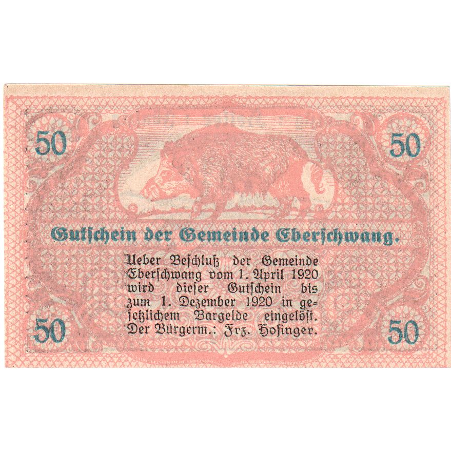 Österreich, Eberschwang, 50 Heller, village 1920-12-01, UNZ-, Mehl:FS 145