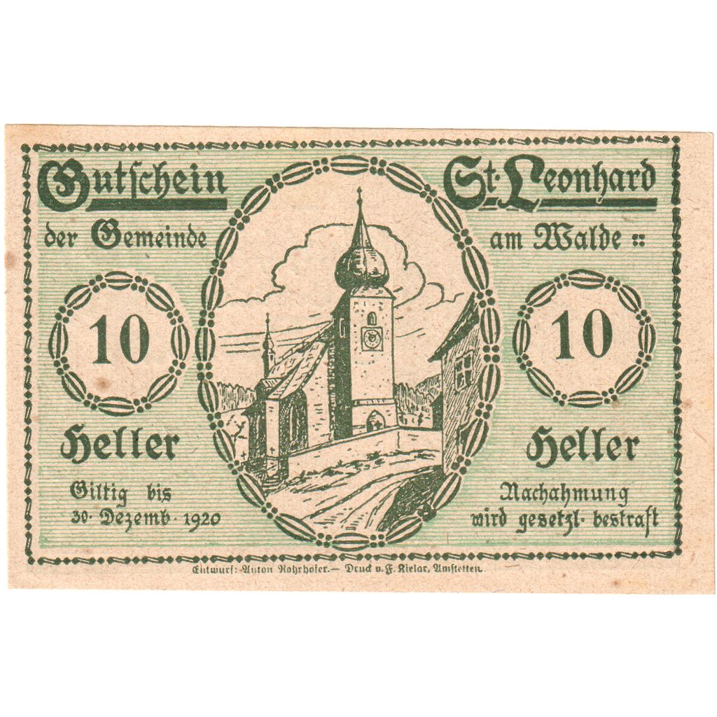 Autriche, St Leonhard, 10 Heller, Eglise, 1920, 1920-12-30, SUP, Mehl:FS 902a