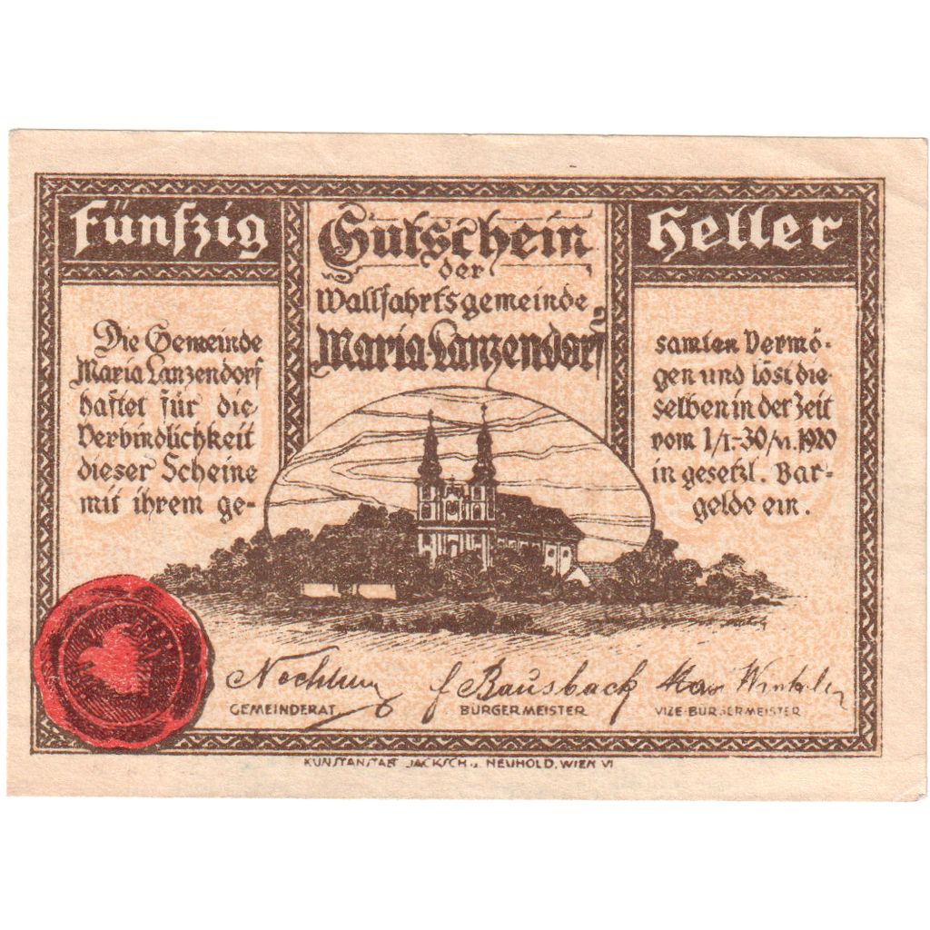 Autriche, Maria Lanzendorf, 50 Heller, Eglise 1920-06-30, SPL, Mehl:FS 586a
