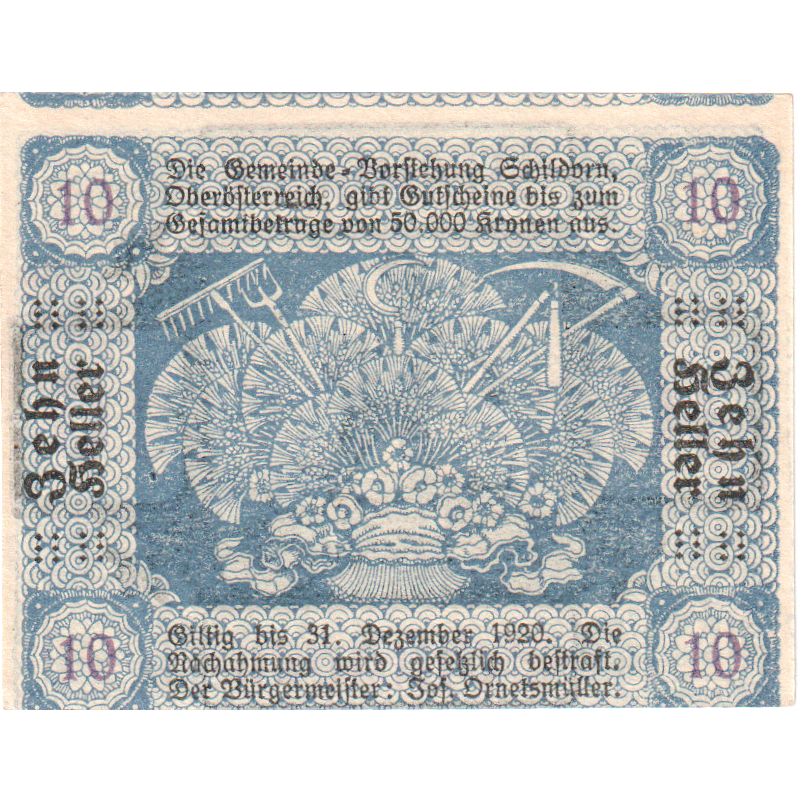 Oostenrijk, Schildorn, 10 Heller, champs, 1920, 1920-12-31, SPL, Mehl:FS 959a