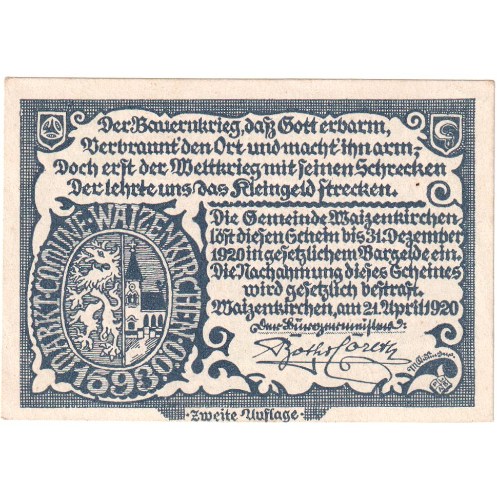 Autriche, Waizenkirchen, 20 Heller, paysage, 1920, 1920-12-31, SPL, Mehl:FS 1128