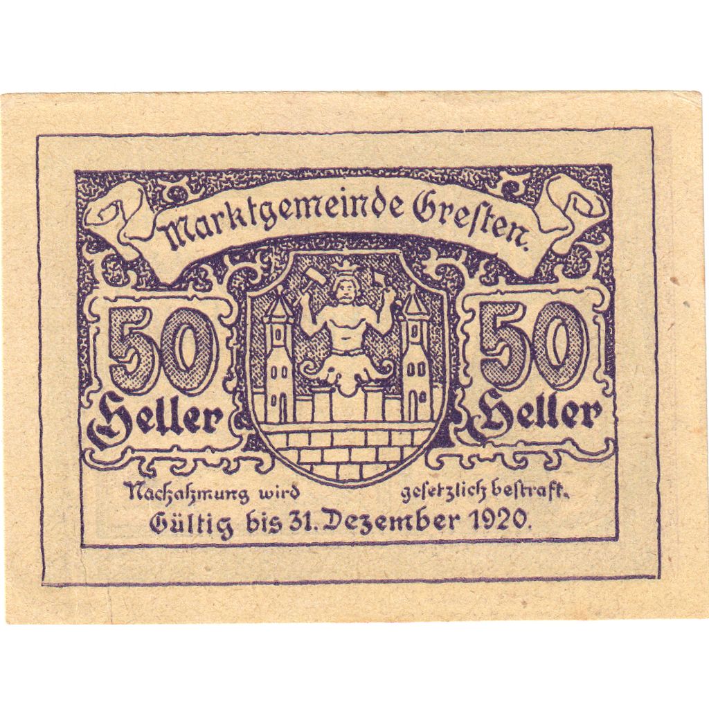 Autriche, Gresten, 50 Heller, Eglise, 1920, 1920-12-31, SPL, Mehl:FS 278Ib