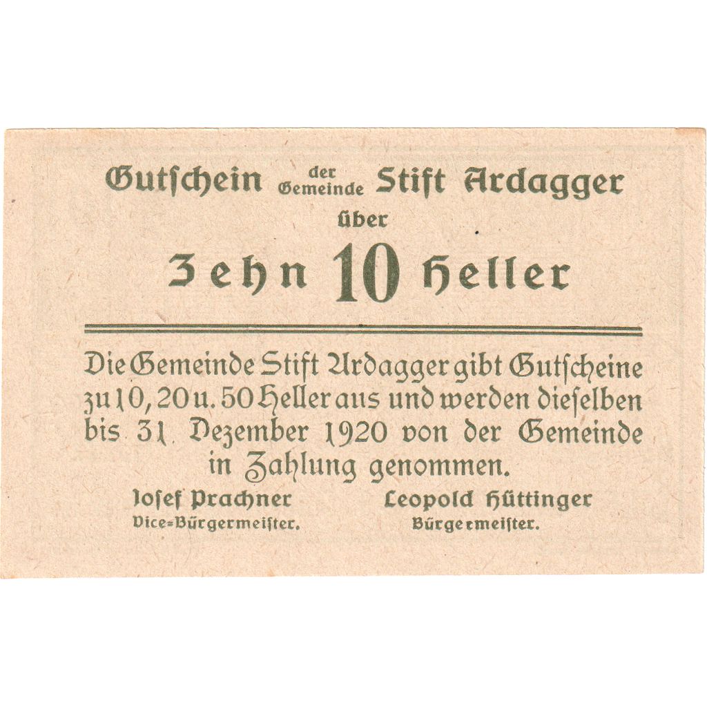 Oostenrijk, Stift Ardagger, 10 Heller, Eglise 1920-12-30, SPL, Mehl:FS 51Aa