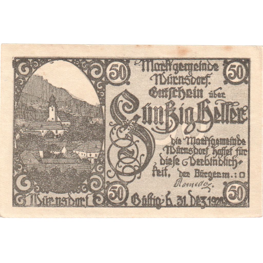 Austria, Würnsdorf, 50 Heller, Eglise, 1920, 1920-12-31, SPL-, Mehl:FS 1257IIa