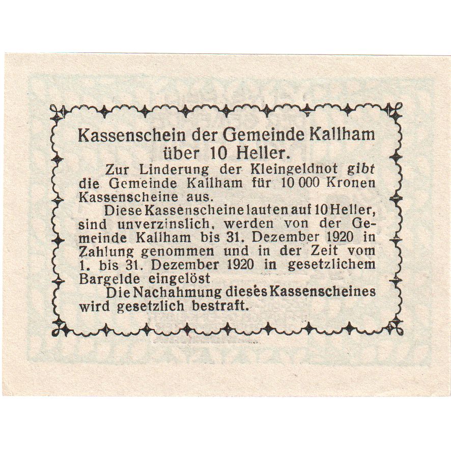 Autriche, Kallham, 10 Heller, manoir, 1920, 1920-09-15, SPL, Mehl:FS 422a