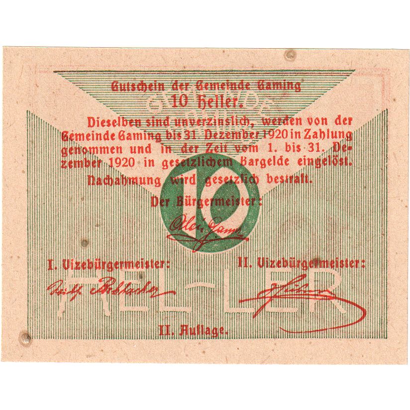 Oostenrijk, Gaming, 10 Heller, Monument, 1920, 1920-12-31, SPL, Mehl:FS 220a