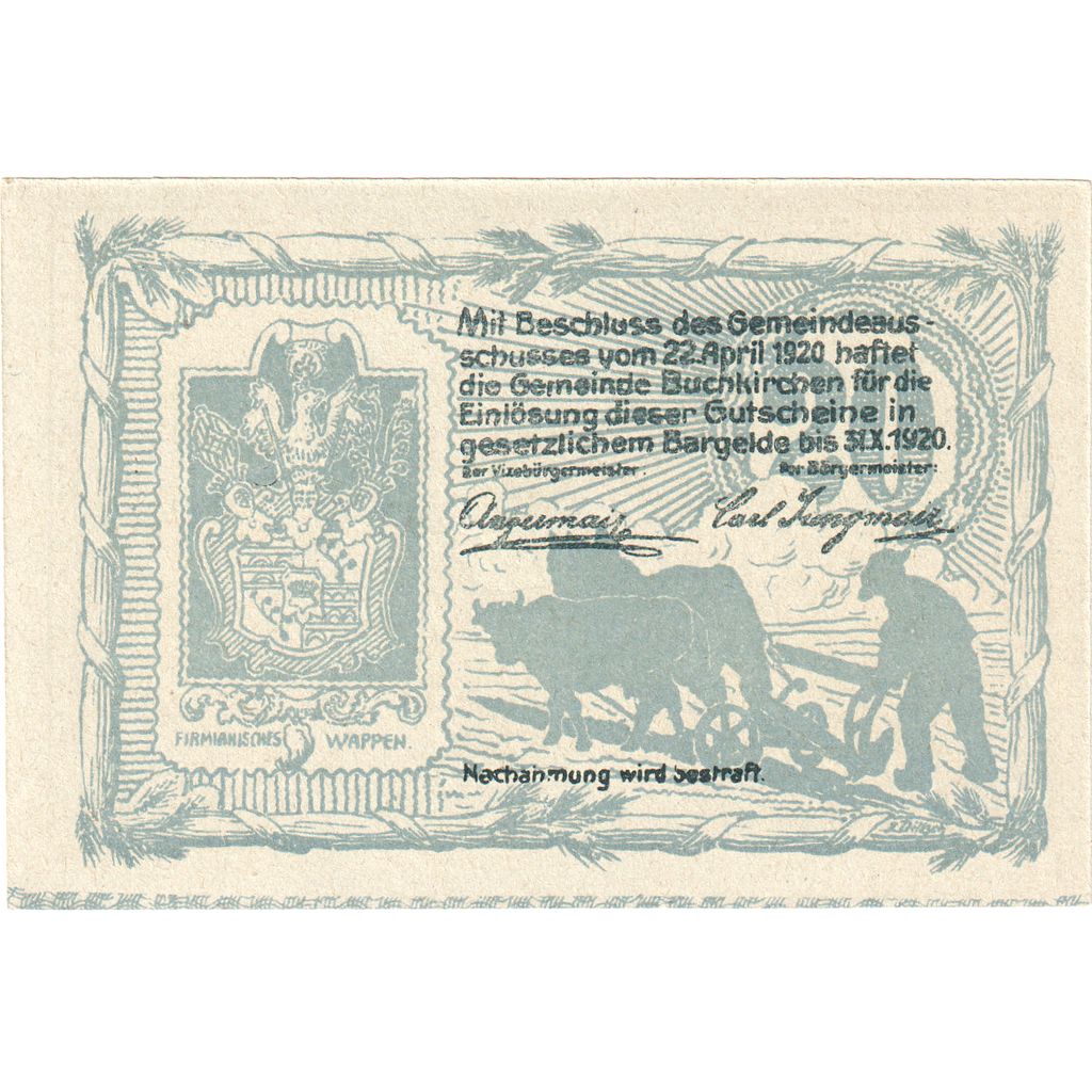 Oostenrijk, Buchkirchen, 20 Heller, presbytère 1920-10-31, SPL Mehl:FS 114a